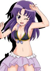 Rule 34 | 1girl, adapted costume, bikini, bikini skirt, bikini top only, breasts, commentary request, cure fortune, happinesscharge precure!, hikawa iona, long hair, looking at viewer, medium breasts, nita (onakatohoppe), one eye closed, open mouth, precure, purple hair, simple background, smile, swimsuit
