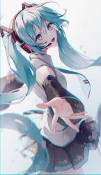 Rule 34 | 1girl, absurdres, aqua hair, bbony 0 0, black skirt, blue eyes, blue trim, grey shirt, hatsune miku, headphones, highres, looking at viewer, microphone, open mouth, outstretched hand, shirt, skirt, smile, solo, vocaloid, white background, wrist cuffs