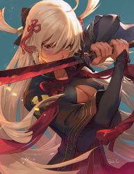 Rule 34 | 1girl, ahoge, arm guards, arm up, big.c, black bow, black coat, blue background, bow, breasts, coat, collarbone, commentary request, crest, dark-skinned female, dark skin, family crest, fate (series), fighting stance, fingernails, floating hair, grey eyes, hair between eyes, hair bow, hair ornament, high collar, highres, holding, holding sword, holding weapon, koha-ace, light, long hair, looking at viewer, medium breasts, okita souji (fate), okita souji alter (fate), open clothes, open coat, serious, short sleeves, signature, simple background, solo, standing, sword, tassel, upper body, v-shaped eyebrows, v-shaped eyes, very long hair, weapon, white hair, wide sleeves, wind