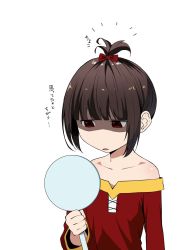 Rule 34 | 1girl, bare shoulders, black hair, bow, cinnamiku hairstyle, collarbone, dress, grey background, hair bow, hand mirror, highres, holding, holding mirror, izawa (bhive003), kono subarashii sekai ni shukufuku wo!, megumin, mirror, off-shoulder dress, off shoulder, open mouth, red bow, red dress, red eyes, simple background, solo, translation request, upper body