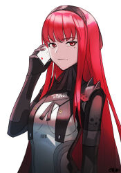Rule 34 | 1girl, absurdres, armband, armor, barcode, black hairband, bodysuit, breasts, cellphone, hairband, highres, long hair, looking at viewer, mole, mole under eye, phone, punishing: gray raven, raised eyebrow, red eyes, red hair, shoulder armor, signature, simple background, skin tight, small breasts, smartphone, solo, straight hair, talking on phone, upper body, vera: rozen (punishing: gray raven), vera (punishing: gray raven), very long hair, vladislav ton, white background, white bodysuit