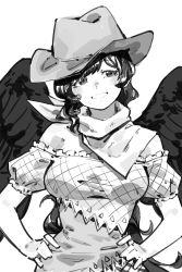 Rule 34 | 1girl, blush, cowboy hat, feathered wings, fugota6509, greyscale, hands on own hips, hat, highres, kurokoma saki, long hair, looking to the side, monochrome, off-shoulder shirt, off shoulder, scarf, shirt, skirt, smile, solo, swept bangs, touhou, upper body, wavy hair, wings