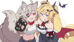 Rule 34 | 2girls, alcohol, animal ear fluff, animal ears, animal hands, bandaged chest, bat hair ornament, belt collar, black dress, blonde hair, blue eyes, breasts, clear (djmax), closed mouth, collar, cup, djmax, djmax respect, dress, drinking glass, eyepatch, fail (djmax), fang, fangs, fingerless gloves, flower, gloves, grey hair, grey tail, hair ornament, halloween costume, halterneck, highres, large tail, long hair, looking at viewer, multiple girls, navel, open mouth, paw gloves, pointy ears, red eyes, red flower, red nails, red rose, rose, shorts, simple background, small breasts, smile, tail, upper body, vampire costume, werewolf costume, white background, wine, wine glass, zorago