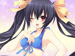 Rule 34 | 10s, 1girl, ;d, bikini, black hair, blue bikini, blush, bow, breasts, front-tie bikini top, front-tie top, gradient background, hair bow, hair ribbon, halterneck, hand on own chest, highres, long hair, neptune (series), noire (neptunia), official art, one eye closed, open mouth, red eyes, ribbon, smile, solo, star (symbol), swimsuit, tsunako, twintails, very long hair, yellow ribbon