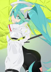 Rule 34 | 1girl, aqua eyes, aqua hair, ass, black bodysuit, bodysuit, closed mouth, commentary request, cowboy shot, cropped jacket, hair between eyes, hatsune miku, jacket, koyo2023, long hair, long sleeves, looking at viewer, looking back, racing miku, racing miku (2022), smile, solo, twintails, vocaloid, white jacket