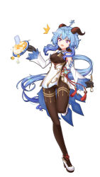 Rule 34 | ^^^, ahoge, bare shoulders, bell, black gloves, black pantyhose, blue hair, bodystocking, bodysuit, bow, breasts, chinese knot, detached sleeves, flower knot, food, full body, ganyu (genshin impact), genshin impact, gloves, gold trim, high heels, highres, horns, leg up, long hair, looking at another, low ponytail, medium breasts, miaoxfv, neck bell, open mouth, pantyhose, pelvic curtain, prosperous peace (genshin impact), purple eyes, sidelocks, solo, spoon, standing, talisman, tassel, thigh gap, thighlet, very long hair, vision (genshin impact), wavy mouth, white sleeves