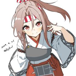 Rule 34 | 1girl, absurdres, apron, bigkwl, brown eyes, brown hair, cowboy shot, dated, hakama, hakama shorts, headband, high ponytail, highres, japanese clothes, kantai collection, long hair, muneate, one-hour drawing challenge, ponytail, red shorts, shorts, simple background, solo, striped headband, twitter username, white background, wide sleeves, zuihou (kancolle)
