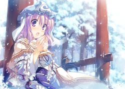 Rule 34 | 1girl, blush, breath, dress, female focus, forest, frills, hat, japanese clothes, nature, obi, open mouth, pink eyes, pink hair, saigyouji yuyuko, sash, scarf, short hair, smile, snow, solo, t-ray, torii, touhou, tree, triangular headpiece, wind, winter