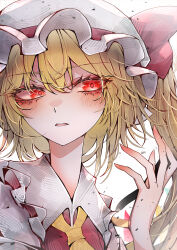 Rule 34 | 1girl, 33 gaff, absurdres, blonde hair, blush, close-up, eyes visible through hair, fingernails, flandre scarlet, frilled shirt collar, frills, hair between eyes, hand up, hat, hat ribbon, highres, long hair, looking back, mob cap, one side up, parted lips, pink ribbon, portrait, red eyes, ribbon, sideways glance, simple background, solo, touhou, white background, white hat