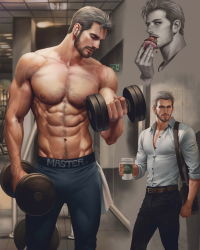 Rule 34 | 1boy, aenaluck, artist name, bag, belt, black pants, blue eyes, brown belt, chest hair, closed mouth, coffee cup, collared shirt, cup, cupcake, disposable cup, dumbbell, eating, exercising, closed eyes, facial hair, food, grey hair, highres, holding, holding cup, holding food, leggings, male focus, manly, multiple views, original, pants, partially unbuttoned, shirt, short hair, shoulder bag, sideburns, solo, weightlifting, white shirt