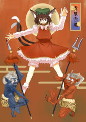 Rule 34 | 1girl, animal ears, blue oni, brown hair, cat ears, cat girl, cat tail, chen, earrings, egasumi, female focus, hat, jewelry, multiple tails, oni, polearm, red oni, short hair, spear, tail, touhou, translation request, tsurui, weapon