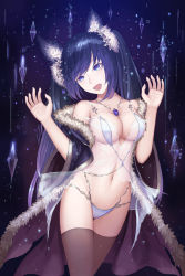 Rule 34 | 1girl, :d, absurdres, animal ears, bad id, bad pixiv id, bikini, blue eyes, blue hair, breasts, brown thighhighs, cat ears, cat girl, cleavage, crystal, detached sleeves, hands up, highres, jewelry, looking at viewer, medium breasts, micro bikini, navel, necklace, open mouth, original, rinmmo, see-through, smile, swimsuit, tagme, thighhighs, white bikini, wide sleeves