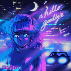Rule 34 | 1980s (style), 1girl, 1other, absurdres, album cover, album name, car, city, commentary, cover, crescent, earrings, english commentary, glowing, headlight, highres, jewelry, looking to the side, medium hair, mizucat, moon, motor vehicle, night, oldschool, original, parted lips, retro artstyle, silhouette, solo focus, sparkle, sweater