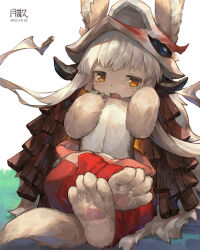 Rule 34 | 1other, absurdres, brown fur, dated, fang, feet, furry, grass, helmet, highres, horizontal pupils, long hair, looking at viewer, made in abyss, nanachi (made in abyss), open mouth, orange eyes, other focus, signature, simple background, solo, tsukibara, whiskers