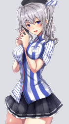 Rule 34 | 10s, between breasts, blue eyes, breasts, employee uniform, hat, highres, kantai collection, kashima (kancolle), lawson, long hair, silver hair, solo, twintails, uniform, untue