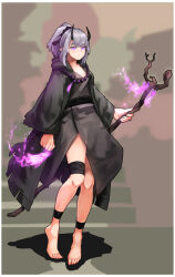 Rule 34 | absurdres, ankle ribbon, bandaged leg, bandages, barefoot, beads, belt, black belt, black cloak, character request, clenched hand, cloak, clothing request, demon girl, dougi, feet, grey hair, h.pn, highres, holding, holding staff, holding weapon, hood, hood down, horns, leg ribbon, looking at viewer, mage staff, magic, oni horns, original, pale skin, pointy ears, ponytail, prayer beads, purple eyes, ribbon, shadow, shiny skin, staff, stairs, talisman, walking, weapon