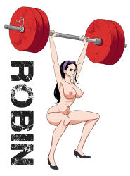 Rule 34 | 1girl, armpits, arms up, black hair, blue eyes, breasts, exercising, high heels, highres, large breasts, navel, nico robin, nipples, nude, one piece, sunglasses, sunglasses on head, third-party edit, weightlifting