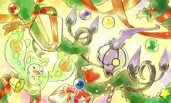 Rule 34 | bow, candy, candy cane, chandelier, chandelure, christmas, christmas stocking, creatures (company), fire, food, game freak, gen 5 pokemon, gift, good frog, nintendo, no humans, pokemon, pokemon (creature), reuniclus, simple background