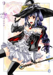 Rule 34 | 1girl, blue hair, braid, breasts, brown eyes, cleavage, fang, frills, hat, r0g0b0, solo, staff, thighhighs, witch hat
