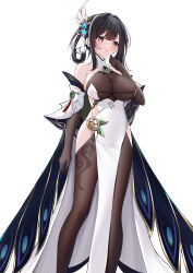 Rule 34 | 1girl, absurdres, azur lane, bare shoulders, black hair, bodystocking, breasts, brown gloves, catnnn, chen hai (azur lane), chen hai (retrofit) (azur lane), china dress, chinese clothes, cleavage, commentary request, dress, elbow gloves, gloves, hair rings, halterneck, hand up, highres, hip vent, large breasts, pelvic curtain, revealing clothes, standing, taut clothes, taut dress, thighhighs, tight clothes, tight dress, white background