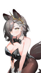 Rule 34 | 1girl, absurdres, animal ears, arknights, between legs, black bow, black bowtie, black leotard, black pantyhose, bmm yj2, bow, bowtie, breasts, chinese commentary, cleavage, commentary request, detached collar, extra ears, gloves, grey hair, hair ornament, hair over one eye, hand between legs, highres, kneeling, large breasts, leotard, looking at viewer, medium hair, mole above eye, pantyhose, penance (arknights), playboy bunny, simple background, solo, strapless, strapless leotard, tail, v arms, white background, white gloves, wolf ears, wolf girl, wolf tail, yellow eyes