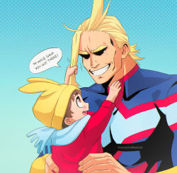 Rule 34 | 2boys, all might, blonde hair, blue background, blue bodysuit, blue scarf, bodysuit, boku no hero academia, brown eyes, brown hair, child, english text, eyeshadow, grabbing another&#039;s hair, gradient background, grin, hair up, holding person, jacket, looking at another, makeup, male focus, multiple boys, polka dot, polka dot background, red bodysuit, red jacket, scarf, short hair, smile, speech bubble, trevo (trevoshere), twitter username, white bodysuit, yellow headwear