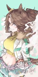 Rule 34 | 1girl, animal ears, breasts, brown hair, closed mouth, commentary request, cowboy shot, crop top, cropped jacket, dated, ear ornament, friend a1012, fur-trimmed jacket, fur trim, green eyes, green skirt, grin, hair between eyes, happy birthday, highres, horse ears, horse girl, horse tail, jacket, jewelry, long hair, long sleeves, looking at viewer, medium breasts, mejiro palmer (umamusume), midriff, miniskirt, multicolored hair, navel, necklace, one eye closed, open clothes, open jacket, pleated skirt, ponytail, shirt, sidelocks, skirt, smile, solo, standing, star (symbol), streaked hair, tail, teeth, umamusume, white background, white hair, white jacket, yellow shirt