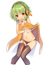 Rule 34 | 1girl, black panties, black thighhighs, blush, brown eyes, chunithm, cona kinaco, furrowed brow, green hair, groin, hair between eyes, headphones, heart, heart-shaped pupils, knees together feet apart, navel, open mouth, panties, sitting, sky feather (chunithm), solo, symbol-shaped pupils, thighhighs, underwear, white background