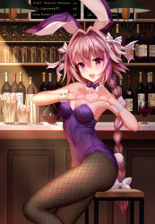 Rule 34 | 1girl, aaeru, animal ears, astolfo (fate), bar (place), black pantyhose, bottle, braid, breasts, cup, day, drinking glass, fake animal ears, fang, fate/apocrypha, fate (series), fishnet pantyhose, fishnets, from side, genderswap, genderswap (mtf), hair between eyes, hair intakes, heart, heart hands, highres, indoors, leotard, long hair, looking at viewer, open mouth, pantyhose, playboy bunny, purple eyes, purple hair, purple leotard, rabbit ears, sidelocks, single braid, sitting, skin fang, small breasts, smile, solo, very long hair, wine bottle, wine glass, wrist cuffs