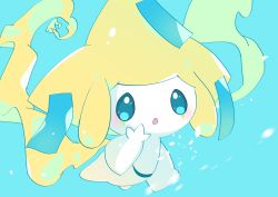 Rule 34 | :o, blue background, blue eyes, blush, colored skin, commentary request, creatures (company), flying, game freak, gen 3 pokemon, hand up, highres, jirachi, legendary pokemon, mythical pokemon, nintendo, open mouth, pokemon, pokemon (creature), shiramizore (rate1026), simple background, tongue, white skin