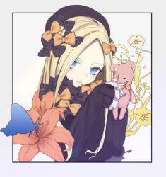 Rule 34 | 1girl, abigail williams (fate), bbci, black bow, black dress, black hat, blonde hair, blue eyes, blue nails, blush, bow, closed mouth, commentary request, dress, fate/grand order, fate (series), fingernails, flower, hair bow, hat, holding, holding stuffed toy, light smile, long sleeves, looking at viewer, nail polish, orange bow, parted bangs, polka dot, polka dot bow, sleeves past wrists, solo, stuffed animal, stuffed toy, teddy bear