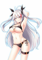 Rule 34 | 1girl, 7nanappe, :q, anchor, antenna hair, armpits, arms behind head, arms up, azur lane, bare arms, bare shoulders, bikini, black bikini, black ribbon, blush, breasts, closed mouth, collarbone, contrapposto, covered erect nipples, cross, cross earrings, earrings, flag print, german flag bikini, gluteal fold, hair ribbon, halterneck, highres, jewelry, large breasts, legs apart, long hair, looking at viewer, multicolored hair, navel, prinz eugen (azur lane), prinz eugen (unfading smile) (azur lane), red eyes, red hair, ribbon, side-tie bikini bottom, silver hair, simple background, skindentation, smile, solo, standing, stomach, strap gap, streaked hair, swimsuit, thigh strap, thighs, tongue, tongue out, two side up, underboob, very long hair, white background