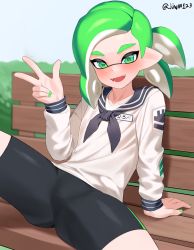 Rule 34 | 1boy, androgynous, arm support, bench, bike shorts, bulge, collarbone, cowboy shot, eyeshadow, fangs, g1 (jjw00123), green hair, highres, inkling, inkling boy, inkling player character, leaning back, long hair, long sleeves, looking at viewer, makeup, male focus, nail polish, name tag, neck ribbon, nintendo, open mouth, outdoors, pointy ears, ribbon, sailor collar, shadow, shiny clothes, smile, solo, splatoon (series), spread legs, suction cups, tentacle hair, thick eyebrows, thighs, undershirt, w, white hair