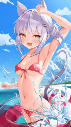 Rule 34 | 1girl, absurdres, animal ears, arm up, armpits, basil (st 1), beach, bikini, blue sky, blush, breasts, cat ears, cat tail, cloud, commentary request, day, fang, front-tie top, hair ornament, highres, looking at viewer, medium breasts, navel, open mouth, original, outdoors, polka dot, polka dot bikini, purple hair, red bikini, short hair, sky, smile, solo, standing, string bikini, swimsuit, tail, water, wet, yellow eyes