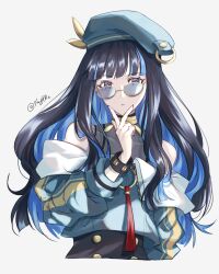 Rule 34 | 1girl, bare shoulders, black dress, black eyes, blue hair, blue hat, blue jacket, bracelet, buttons, colored inner hair, commentary request, cropped torso, dress, fate/grand order, fate (series), hand on own face, hat, highres, jacket, jewelry, long hair, looking at viewer, multicolored hair, off shoulder, simple background, solo, sunglasses, tenochtitlan (fate), tenochtitlan (second ascension) (fate), twitter username, two-tone hair, white background, ymgyk2