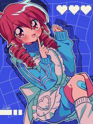 Rule 34 | 1990s (style), 1girl, ahoge, alternate costume, alternate hairstyle, apron, aqua shorts, aqua sweater, artist name, back bow, bandaid, bandaid on leg, blue background, bow, clenched hand, drill hair, earrings, hair between eyes, heart, heart earrings, jewelry, kasane teto, knees up, leg warmers, looking at viewer, low drills, maid, medium hair, open mouth, pointing, pointing at self, red eyes, red hair, retro artstyle, shorts, sitting, smile, solo, sweater, turtleneck, turtleneck sweater, twin drills, unconventional maid, utau, white apron, white bow, white leg warmers, white trim, yuusuke-kun