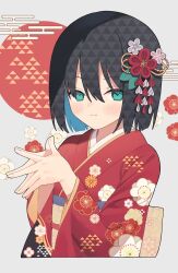 Rule 34 | 1girl, 2024, absurdres, black hair, blue eyes, blue hair, blush, closed mouth, commentary request, egasumi, floral background, floral print, flower, grey background, hair flower, hair ornament, hands up, highres, japanese clothes, kimono, long sleeves, looking at viewer, multicolored hair, nirareba, obi, original, print kimono, red flower, red kimono, sash, smile, solo, steepled fingers, two-tone hair, upper body, white flower, wide sleeves