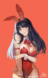 Rule 34 | 1girl, animal ears, black hair, breasts, chainsaw man, collarbone, commentary, covered navel, detached collar, english commentary, facial mark, head tilt, highleg, highleg leotard, large breasts, leotard, long hair, looking at viewer, nail polish, playboy bunny, rabbit ears, red background, red eyes, red headwear, red leotard, red nails, red ribbon, ribbon, siriuflong, skindentation, solo, strapless, strapless leotard, upper body, wrist cuffs, yoru (chainsaw man)