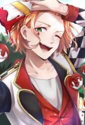 Rule 34 | 1boy, bishounen, buttons, cater diamond, checkered clothes, checkered sleeves, diamond facial mark, facial mark, fang, flower, green eyes, highres, holding, holding paintbrush, jacket, long sleeves, looking at viewer, male focus, one eye closed, open mouth, orange hair, paint, paintbrush, red vest, rose, rose bush, shirt, short hair, signature, solo, teeth, trim brush, twisted wonderland, upper body, upper teeth only, vest, white flower, white jacket, white rose, white shirt, yume kawa yume