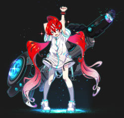 Rule 34 | 1girl, arm behind head, arm up, asymmetrical legwear, dive to zone, full body, gradient hair, grey legwear, hair between eyes, jacket, letter hair ornament, long hair, looking at viewer, multicolored hair, open mouth, personification, pink eyes, power symbol, red hair, shoes, short sleeves, sneakers, solo, standing, studded bracelet, twintails, uneven legwear, v-shaped eyebrows, very long hair, weapon, white jacket, yoruhachi