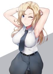 Rule 34 | 1girl, arms behind head, belt, black belt, black necktie, black pantyhose, black skirt, blonde hair, commentary request, cowboy shot, grey background, highres, hornet (kancolle), kantai collection, long hair, looking at viewer, necktie, one eye closed, pantyhose, pencil skirt, shirt, skirt, sleeveless, sleeveless shirt, solo, sugamo (rainysnowy108), two-tone background, white background, white shirt