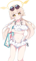 Rule 34 | 1girl, bag, bikini, blonde hair, blue archive, closed mouth, commentary, dot nose, eyewear on head, frilled bikini, frills, halo, head tilt, hifumi (blue archive), hifumi (swimsuit) (blue archive), highres, long hair, looking at viewer, low twintails, navel, off-shoulder bikini, off shoulder, official alternate costume, ribbon-trimmed bikini, ribbon-trimmed swimsuit, ribbon trim, round eyewear, side-tie bikini bottom, simple background, smile, solo, split mouth, stomach, sunglasses, swimsuit, tote bag, transparent bag, twintails, white background, white bikini, wing hair ornament, yellow eyes, yellow halo, yoi0341