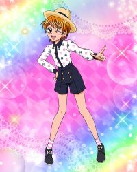 Rule 34 | 1girl, :d, artist request, commentary, english commentary, eyelashes, futari wa precure, gradient background, happy, hat, highres, looking at viewer, misumi nagisa, official art, one eye closed, open mouth, orange eyes, orange hair, pointing, pointing at viewer, precure, precure connection puzzlun, shoes, short hair, smile, socks, solo, standing, striped clothes, striped socks, third-party source