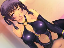 Rule 34 | 1girl, black hair, braid, breasts, censored, cleavage, clothed sex, dead or alive, dress, gloves, large breasts, latex, latex dress, latex gloves, lei fang, purple eyes, sex, tears, tecmo, twintails, vaginal, wince, yoko juusuke