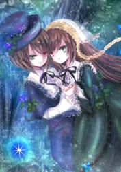 Rule 34 | 2girls, black ribbon, bonnet, brown hair, closed mouth, dress, eyelashes, flower, frilled sleeves, frills, green dress, green eyes, holding hands, hand on another&#039;s back, hat, hat flower, heterochromia, highres, himemurasaki, layered sleeves, leaf, long hair, multiple girls, multiple sleeves, red eyes, ribbon, rozen maiden, short hair, siblings, sisters, souseiseki, suiseiseki, top hat, twins, wide sleeves
