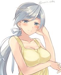 Rule 34 | 10s, 1girl, apron, bare shoulders, blush, breast rest, breasts, chitose (kancolle), female focus, grey eyes, grey hair, hair ribbon, hand on own head, headband, highres, kantai collection, large breasts, long hair, looking at viewer, maruki (punchiki), naked apron, ponytail, ribbon, simple background, sitting, smile, solo, twitter username, upper body, white background