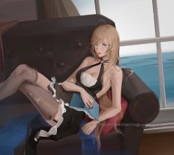 Rule 34 | 1girl, aqua eyes, bare shoulders, black dress, black nails, black thighhighs, blonde hair, blush, book, breasts, cleavage, closed mouth, collarbone, couch, crossed legs, dress, eye piercing, feet out of frame, garter straps, highres, holding, holding book, legs, lexington (cv-16) (warship girls r), lips, long hair, looking at viewer, medium breasts, nail polish, on couch, pillow, rifu (643763873), sitting, solo, thighhighs, thighs, warship girls r, window
