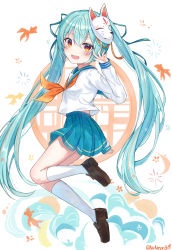 Rule 34 | 1girl, :d, absurdres, blue hair, blue sailor collar, blue skirt, blush, brown eyes, brown footwear, commentary request, fox mask, full body, hair between eyes, hand up, hatsune miku, highres, jumping, kneehighs, loafers, long hair, long sleeves, looking at viewer, mask, mask on head, miniskirt, neckerchief, noneon319, open mouth, pleated skirt, red neckerchief, sailor collar, school uniform, serafuku, shirt, shoes, skirt, smile, socks, solo, teeth, twintails, twitter username, upper teeth only, very long hair, vocaloid, white shirt, white socks