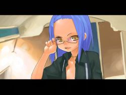 blue_hair brown_eyes glasses open_clothes open_shirt original shirt solo unaji