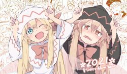 Rule 34 | 2girls, annoyed, arms up, black capelet, black dress, black headwear, blonde hair, blue eyes, blush, bow, bowtie, capelet, commentary request, dress, dual persona, fairy, fairy wings, horns pose, half-closed eyes, hat, highres, horns pose, index fingers raised, light brown hair, lily black, lily white, long hair, long sleeves, multiple girls, nose blush, open mouth, red bow, red neckwear, smile, touhou, transparent wings, very long hair, wavy mouth, white capelet, white headwear, wide sleeves, wings, yutamaro